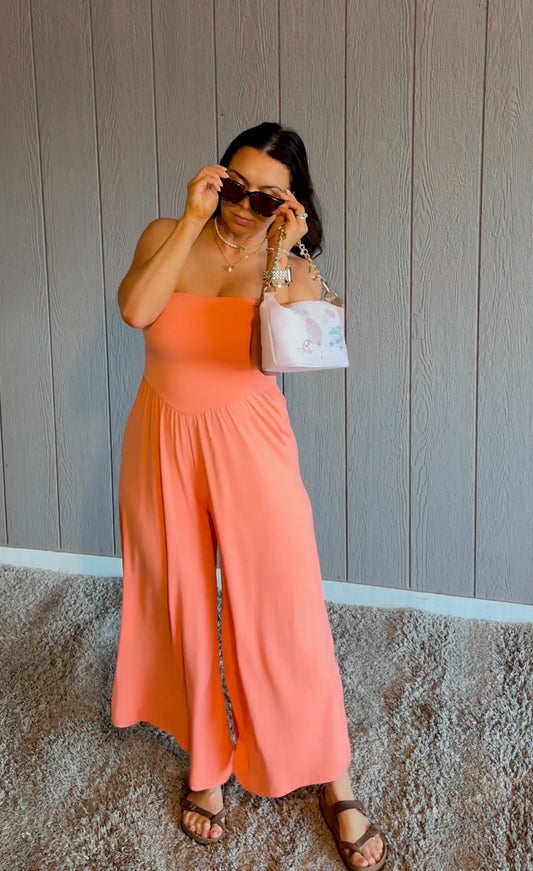 Coral Crush strapless jumpsuit