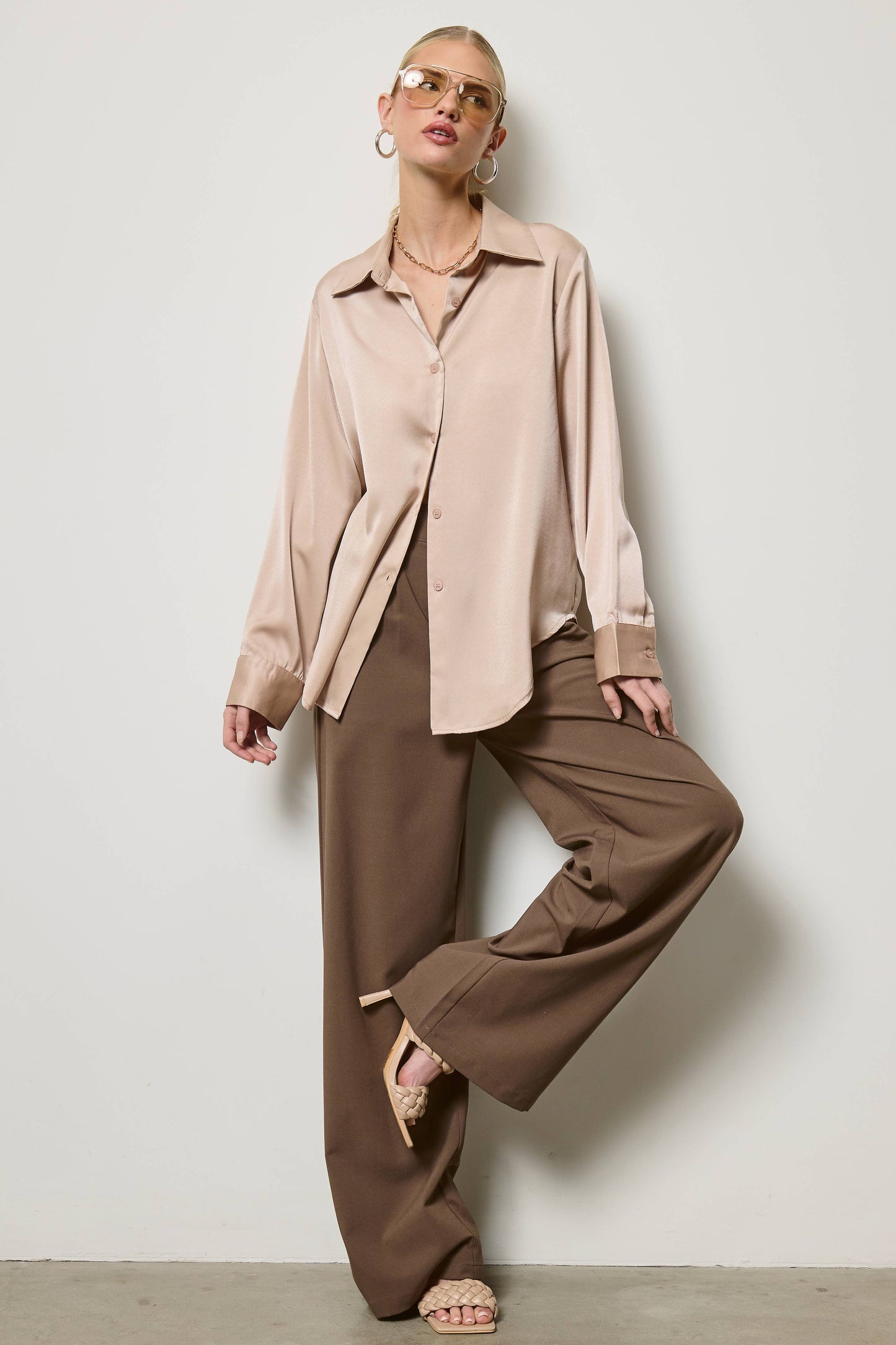 Silky Satin Button Down Shirt: Nude